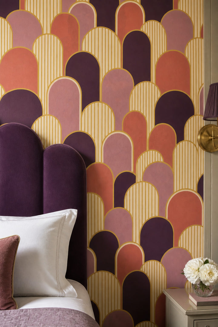 Geometric Arches Wallpaper Gold Outlines Pink Coral Plum