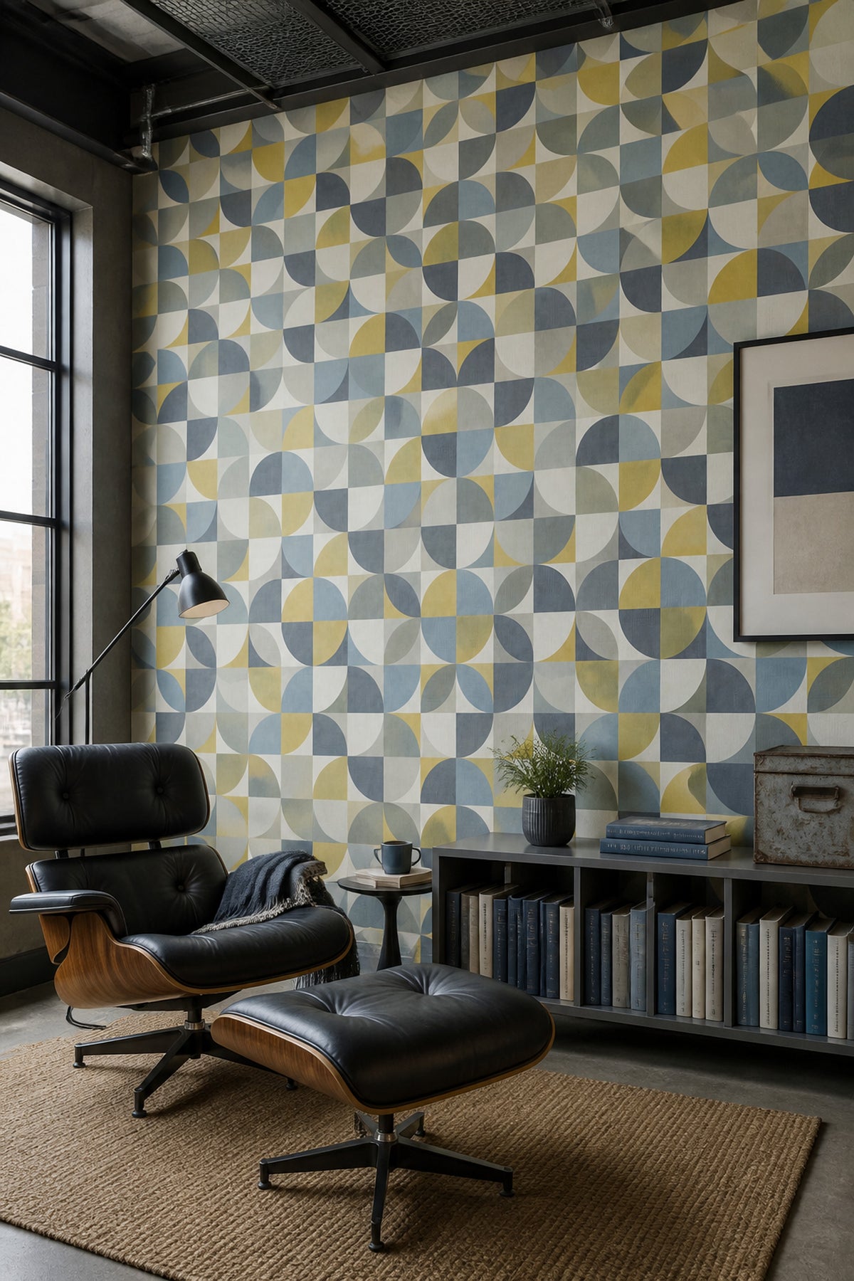 Geometric Grid Wallpaper Mid Century Modern Circles In Mustard Blue