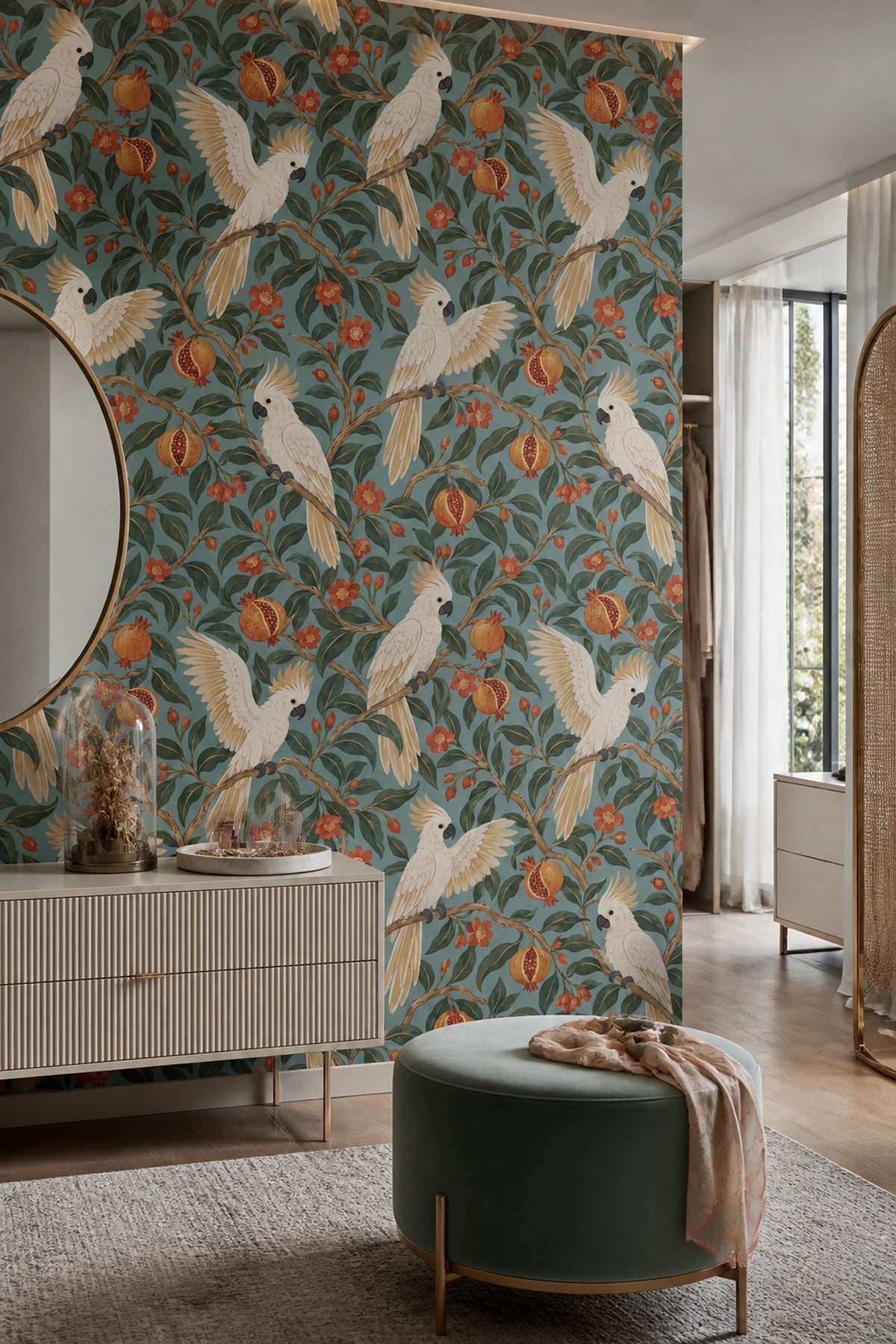 Cockatoo Wallpaper Pomegranate Branch Pattern