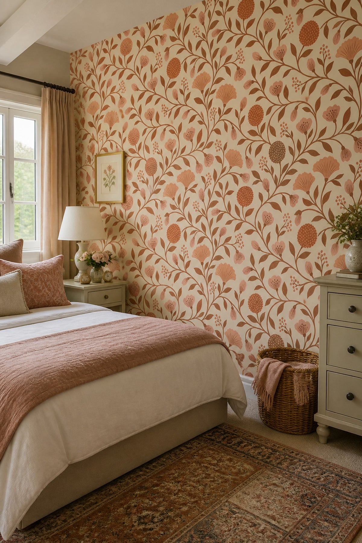 Botanical Vine Wallpaper Terracotta Pink Flowers On Cream