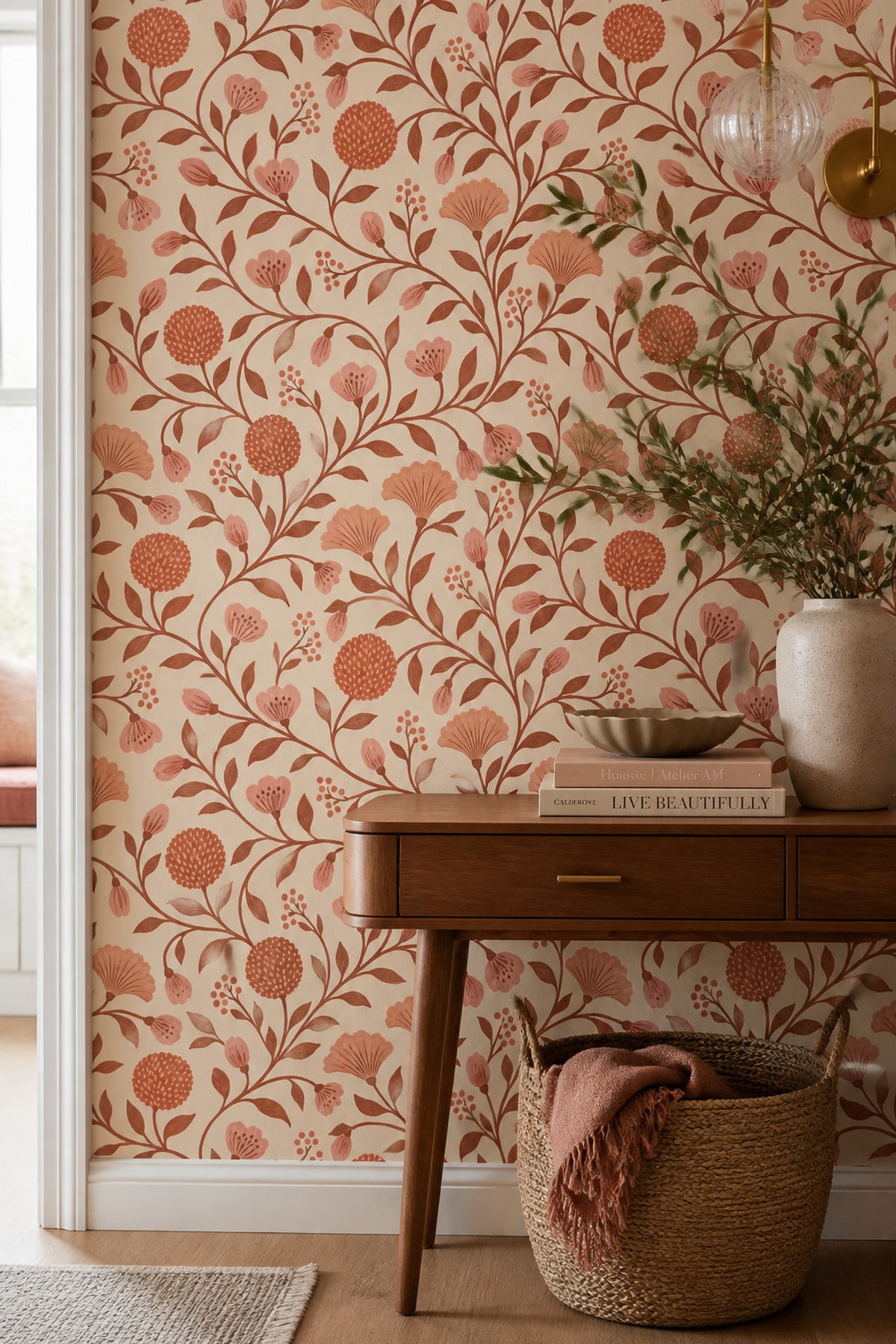 Botanical Vine Wallpaper Terracotta Pink Flowers On Cream
