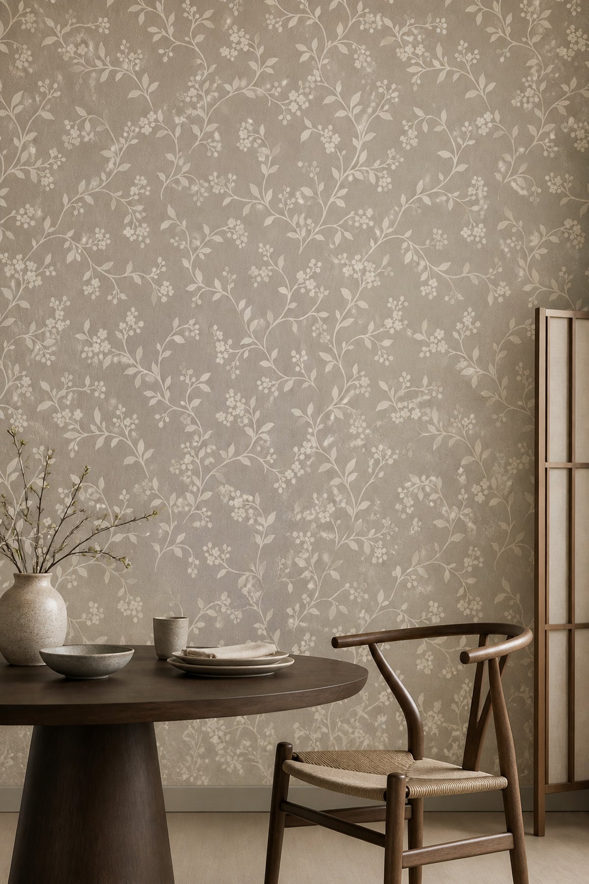 White Flower Vines Wallpaper Beige Background