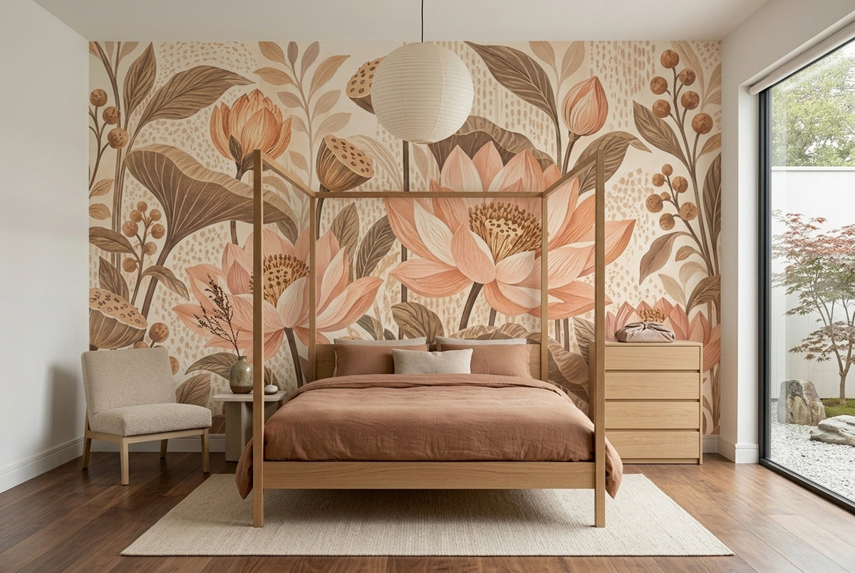 Watercolor Lotus Wallpaper Earth Tone Botanical Wall Mural