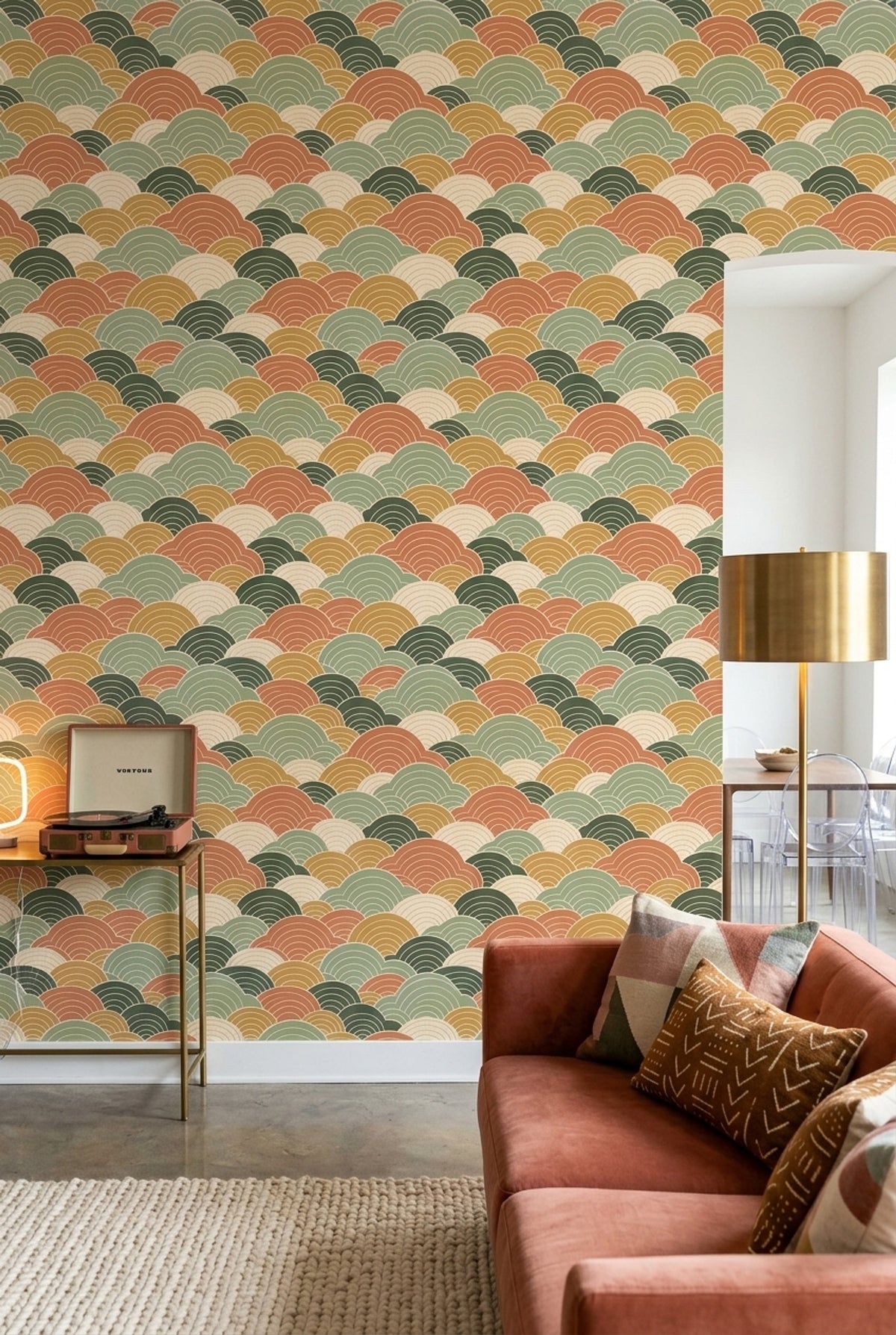 Geometric Arcs Wallpaper Sage Green Terracotta Mustard