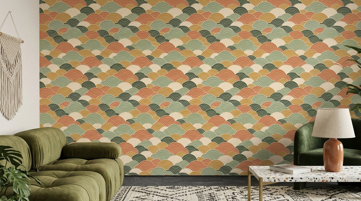 Geometric Arcs Wallpaper Sage Green Terracotta Mustard