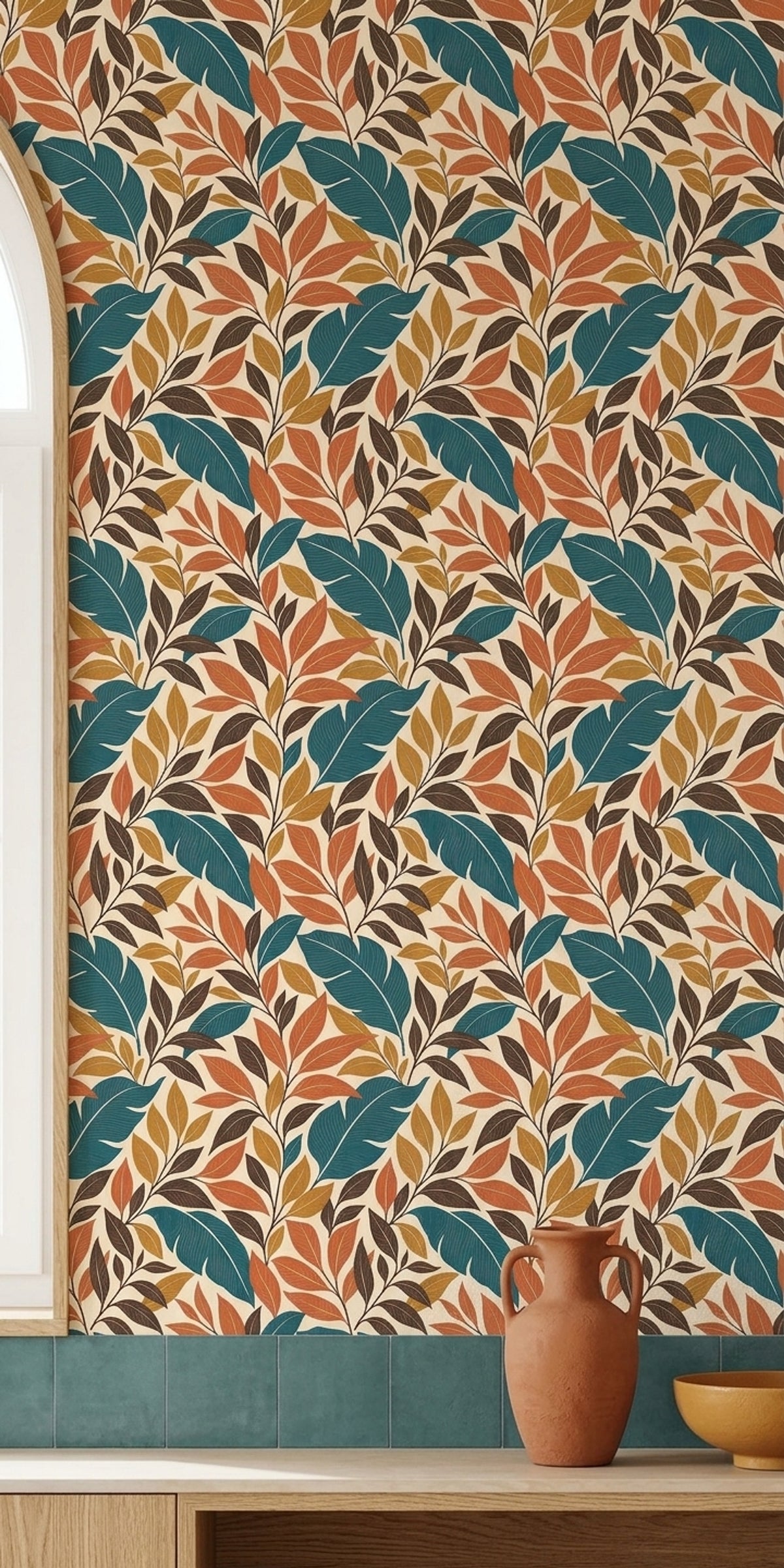 Tropical Leaf Wallpaper Teal And Orange Foliage On Cream