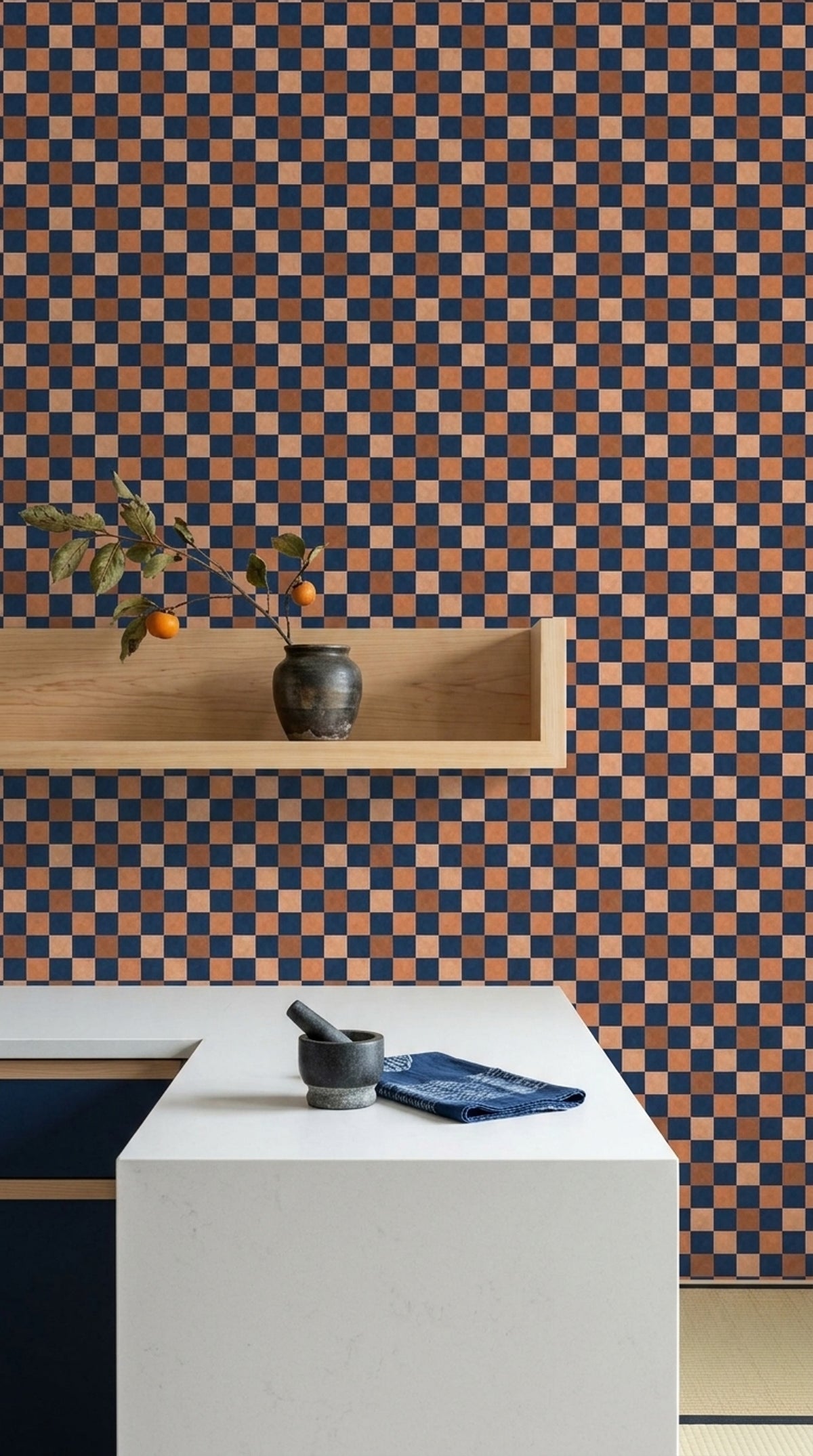 Checkerboard Wallpaper Navy And Terracotta Distressed Texture