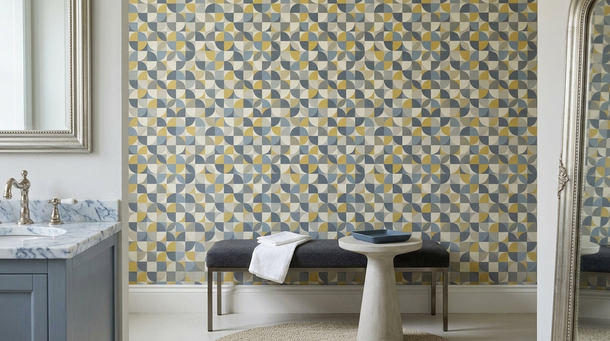 Geometric Grid Wallpaper Mid Century Modern Circles In Mustard Blue