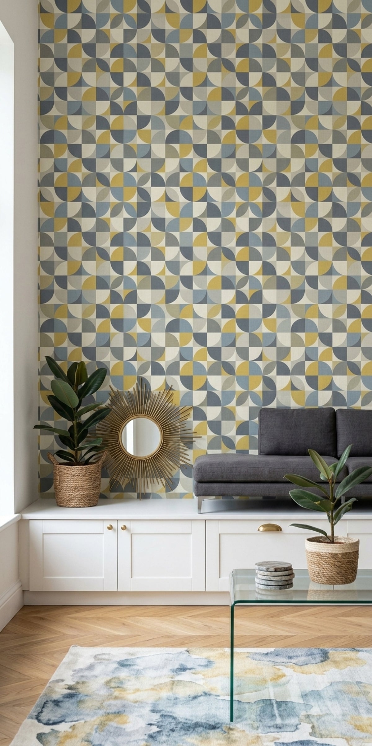Geometric Grid Wallpaper Mid Century Modern Circles In Mustard Blue