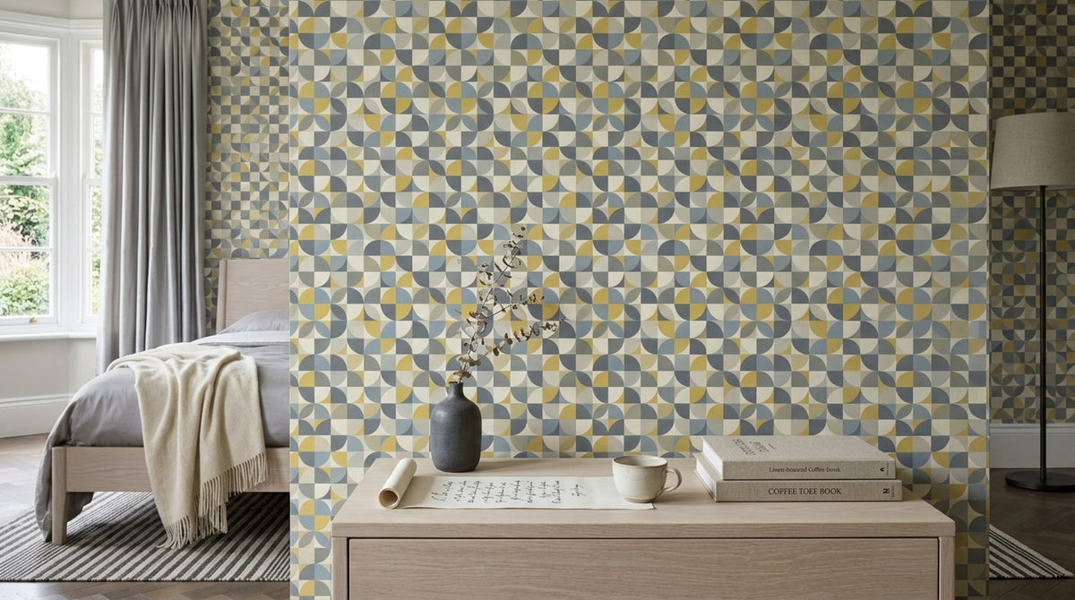 Geometric Grid Wallpaper Mid Century Modern Circles In Mustard Blue