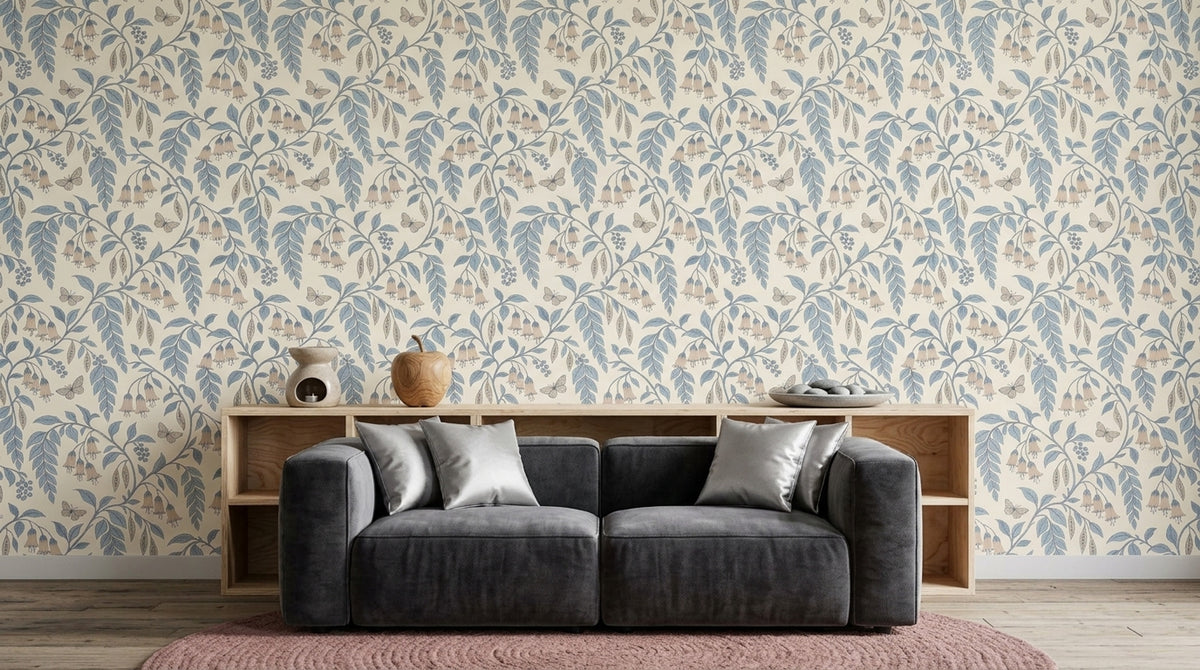Bell Flowers And Butterflies Wallpaper Trailing Vines On Ivory