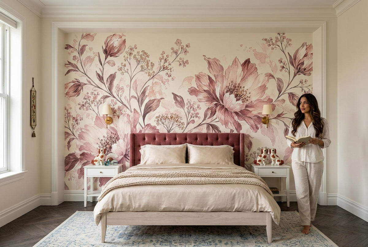 Watercolor Peony Blossoms Wallpaper Cream Botanical Wall Mural