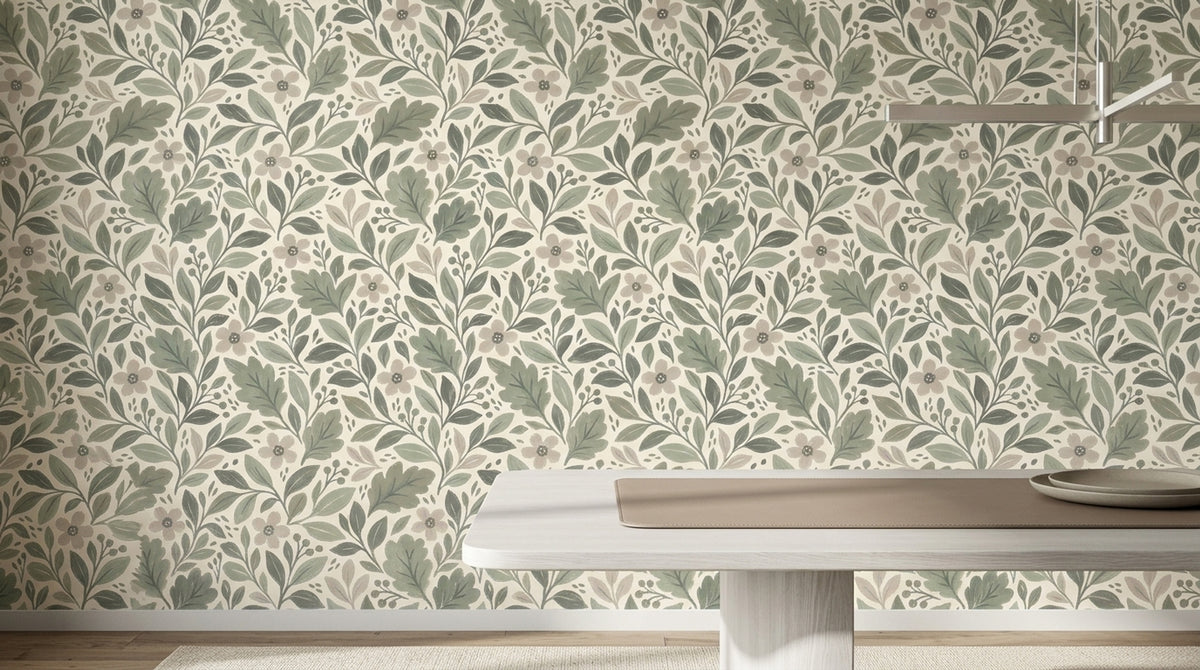 Botanical Branches Wallpaper Sage Green Leaves On Ivory Background