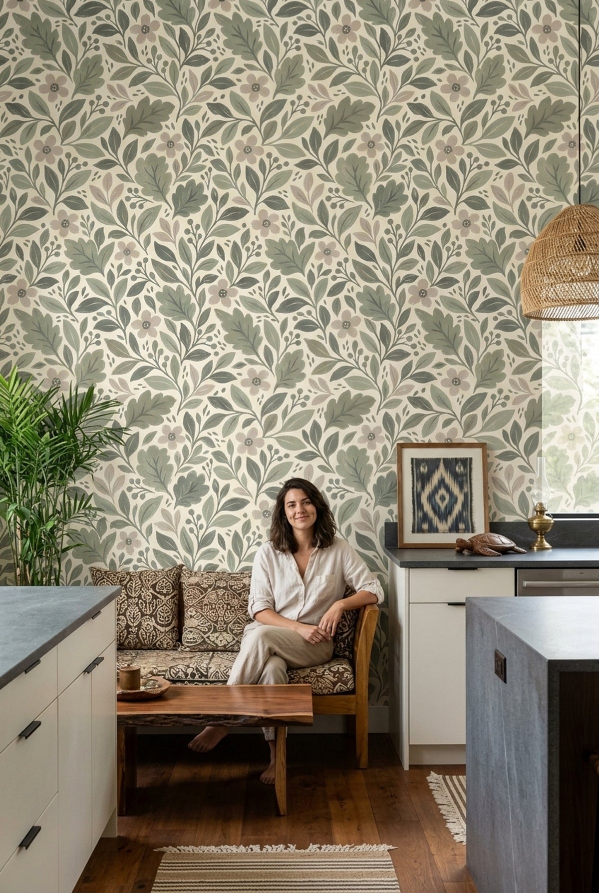 Botanical Branches Wallpaper Sage Green Leaves On Ivory Background