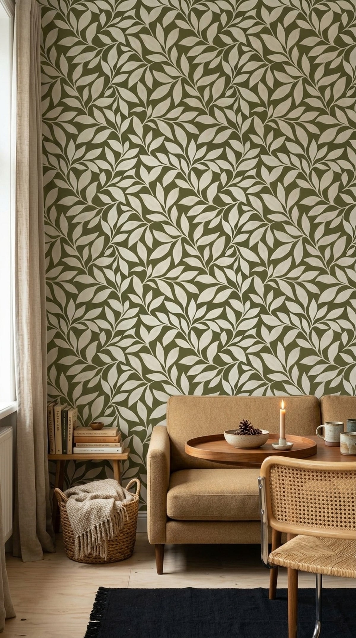 Leafy Vines Wallpaper Olive Green Background