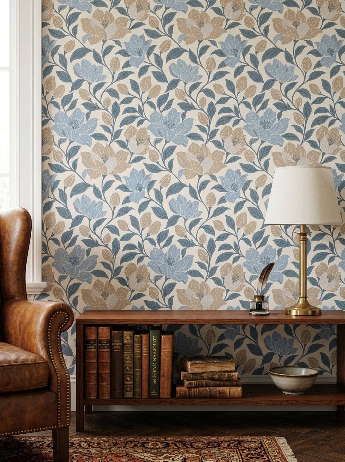 Large Floral Wallpaper Blue Leaves Cream Background