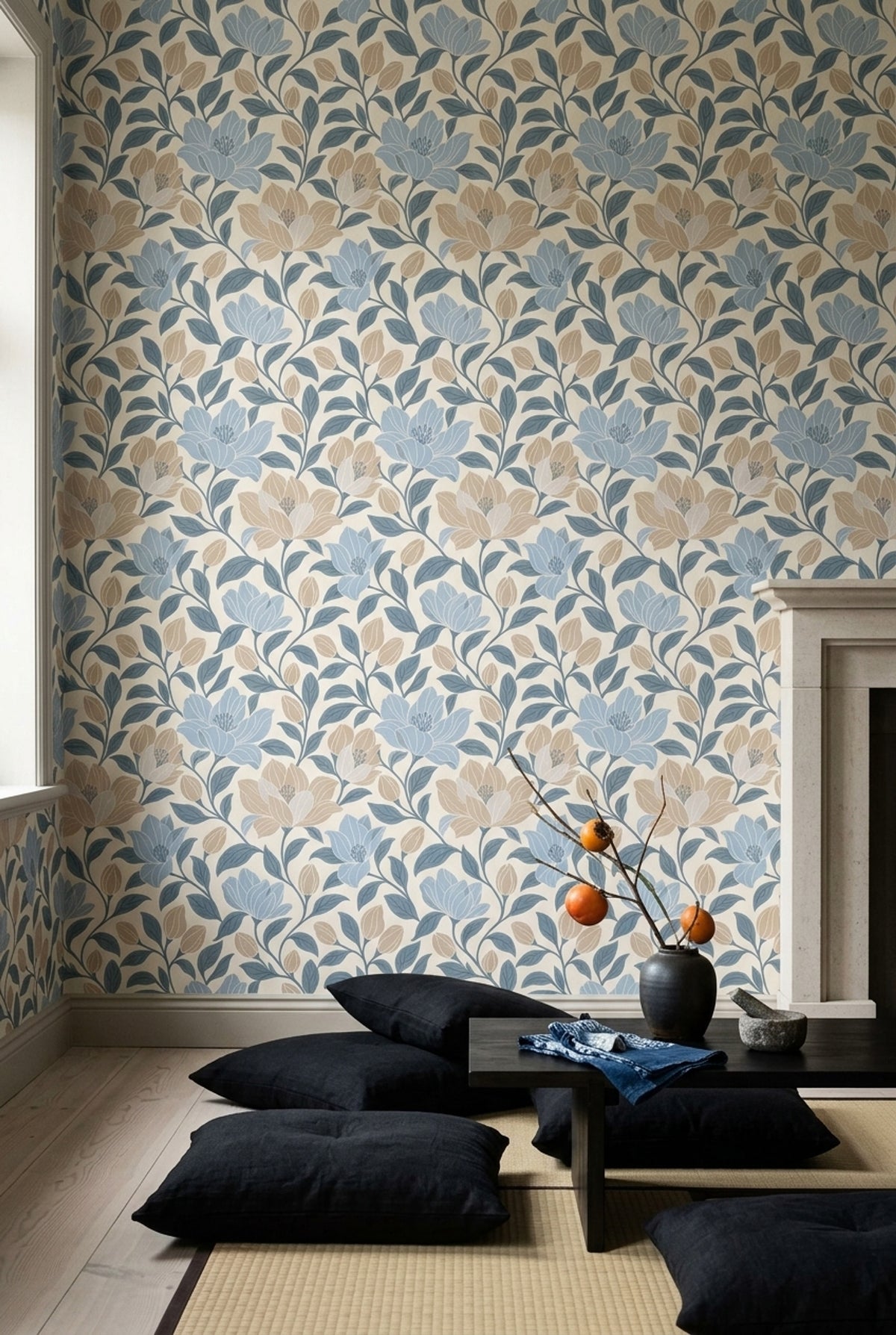 Large Floral Wallpaper Blue Leaves Cream Background