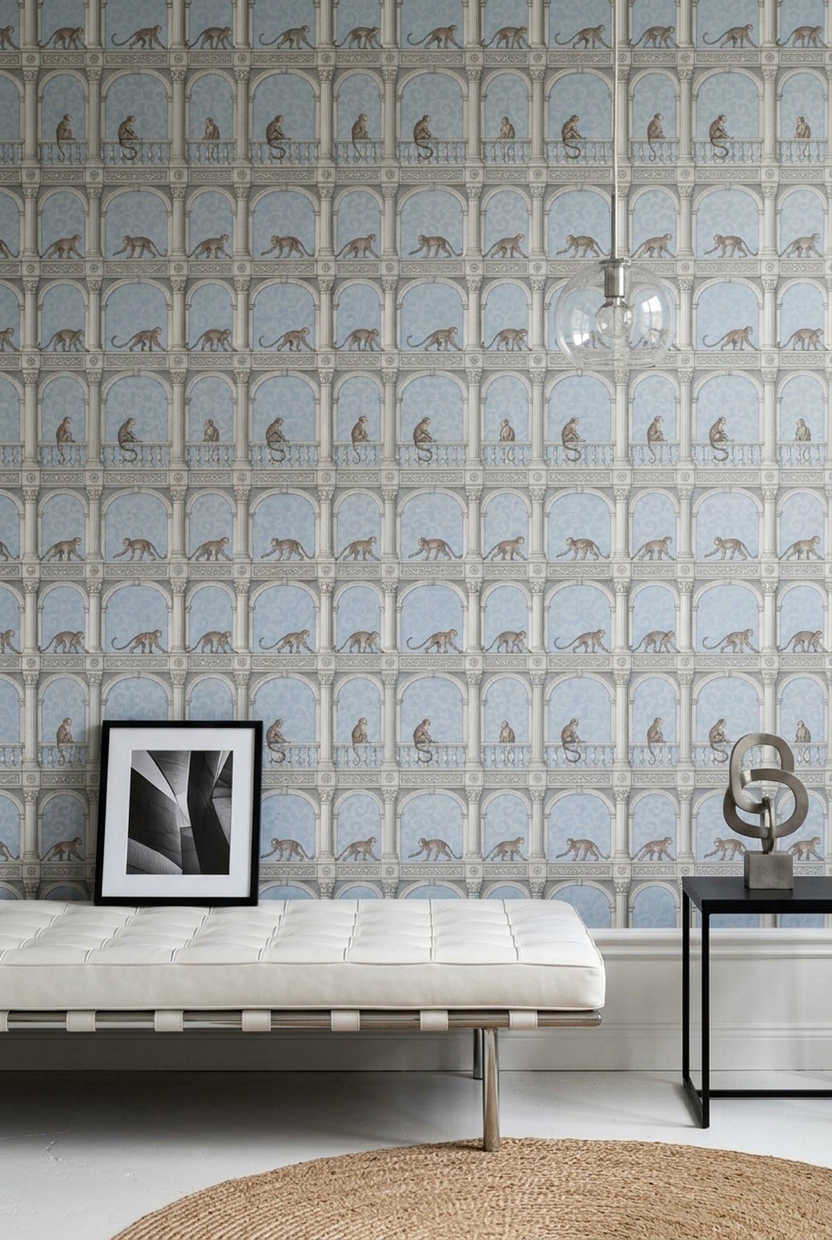 Monkeys Wallpaper Neoclassical Columns And Arches In Light Blue