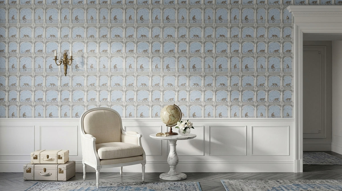 Monkeys Wallpaper Neoclassical Columns And Arches In Light Blue