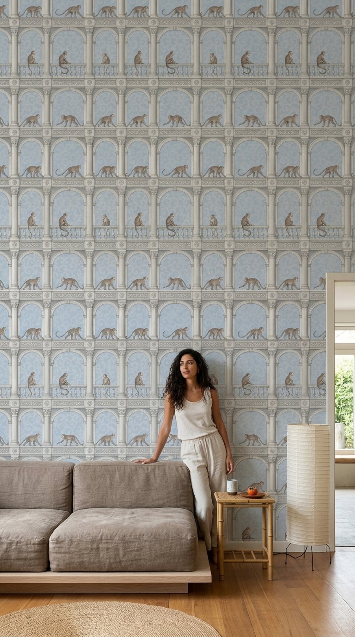 Monkeys Wallpaper Neoclassical Columns And Arches In Light Blue