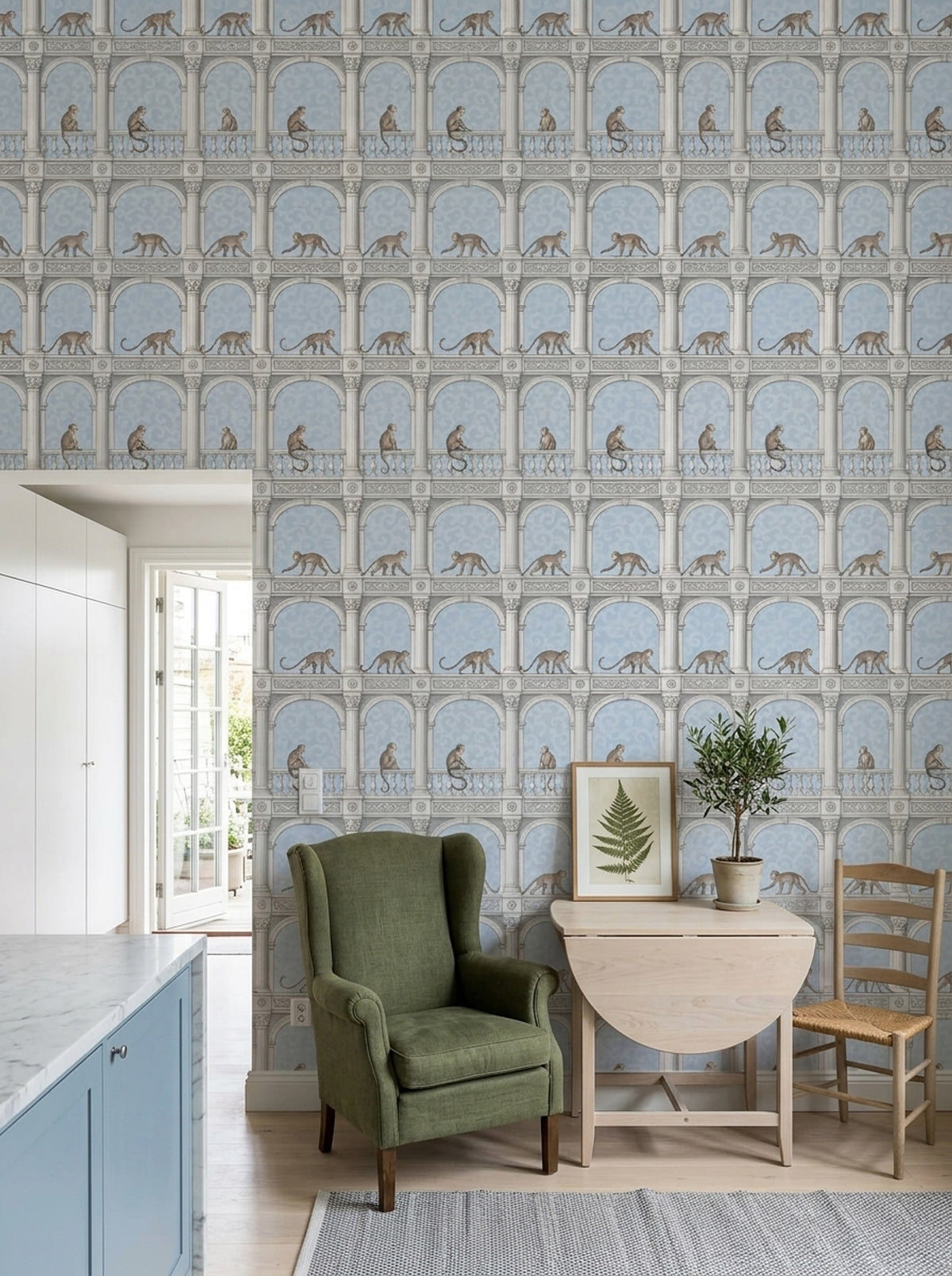 Monkeys Wallpaper Neoclassical Columns And Arches In Light Blue
