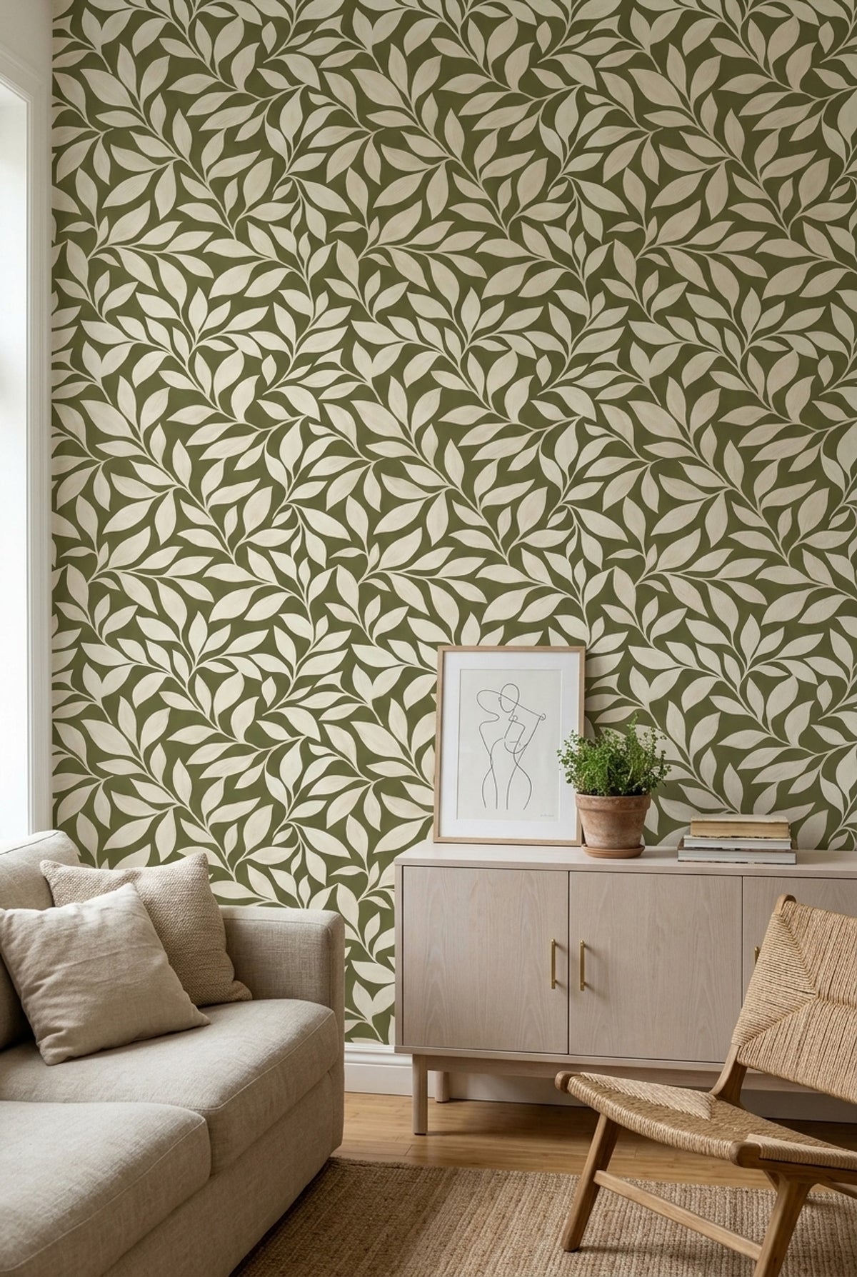 Leafy Vines Wallpaper Olive Green Background