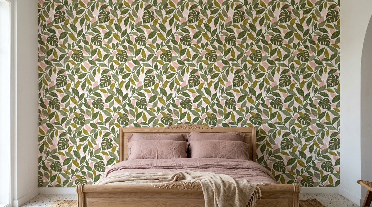 Monstera Leaves Wallpaper White Background Shades Of Green