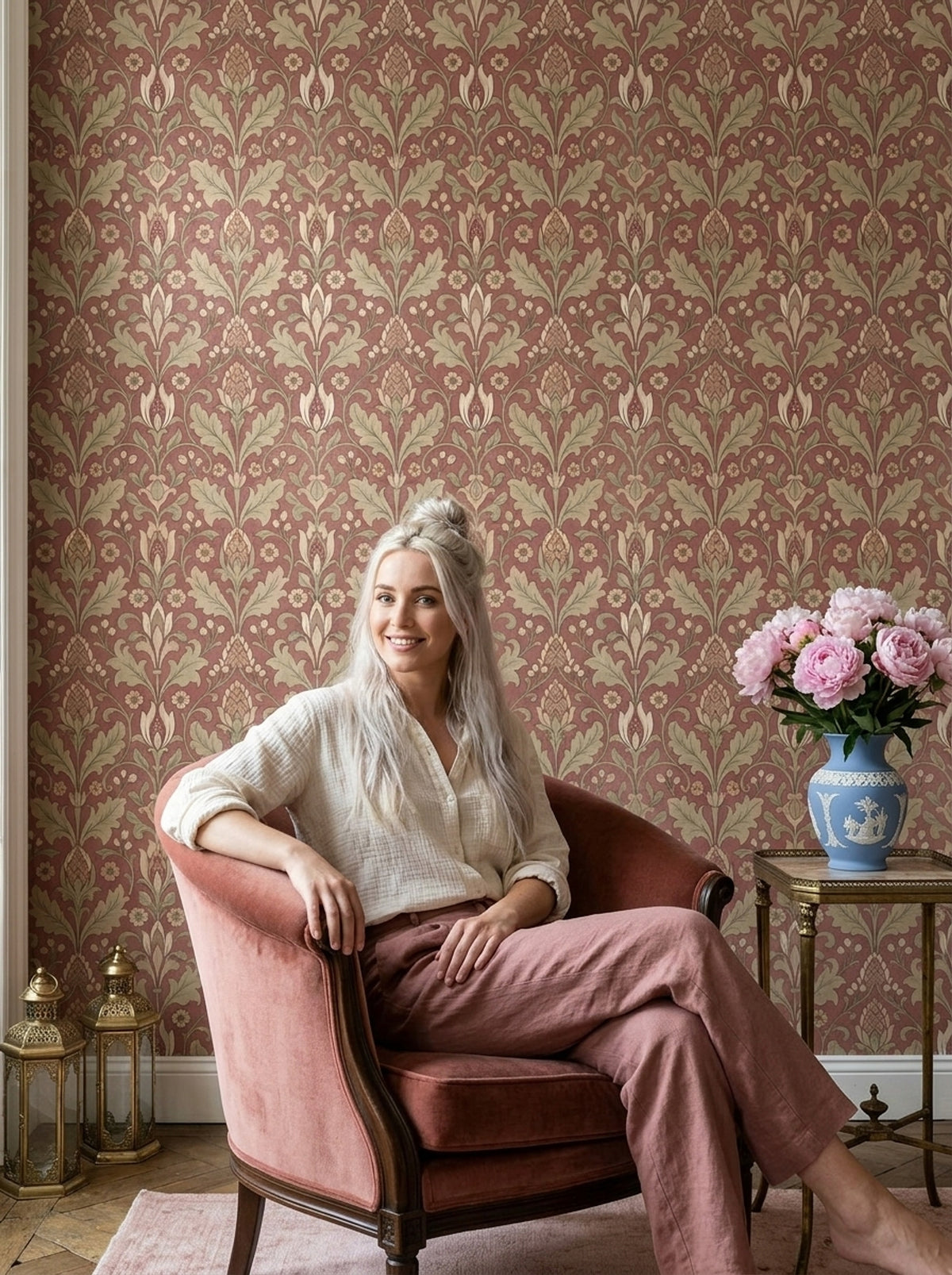 Acanthus Leaf Wallpaper Floral Damask In Muted Red And Cream