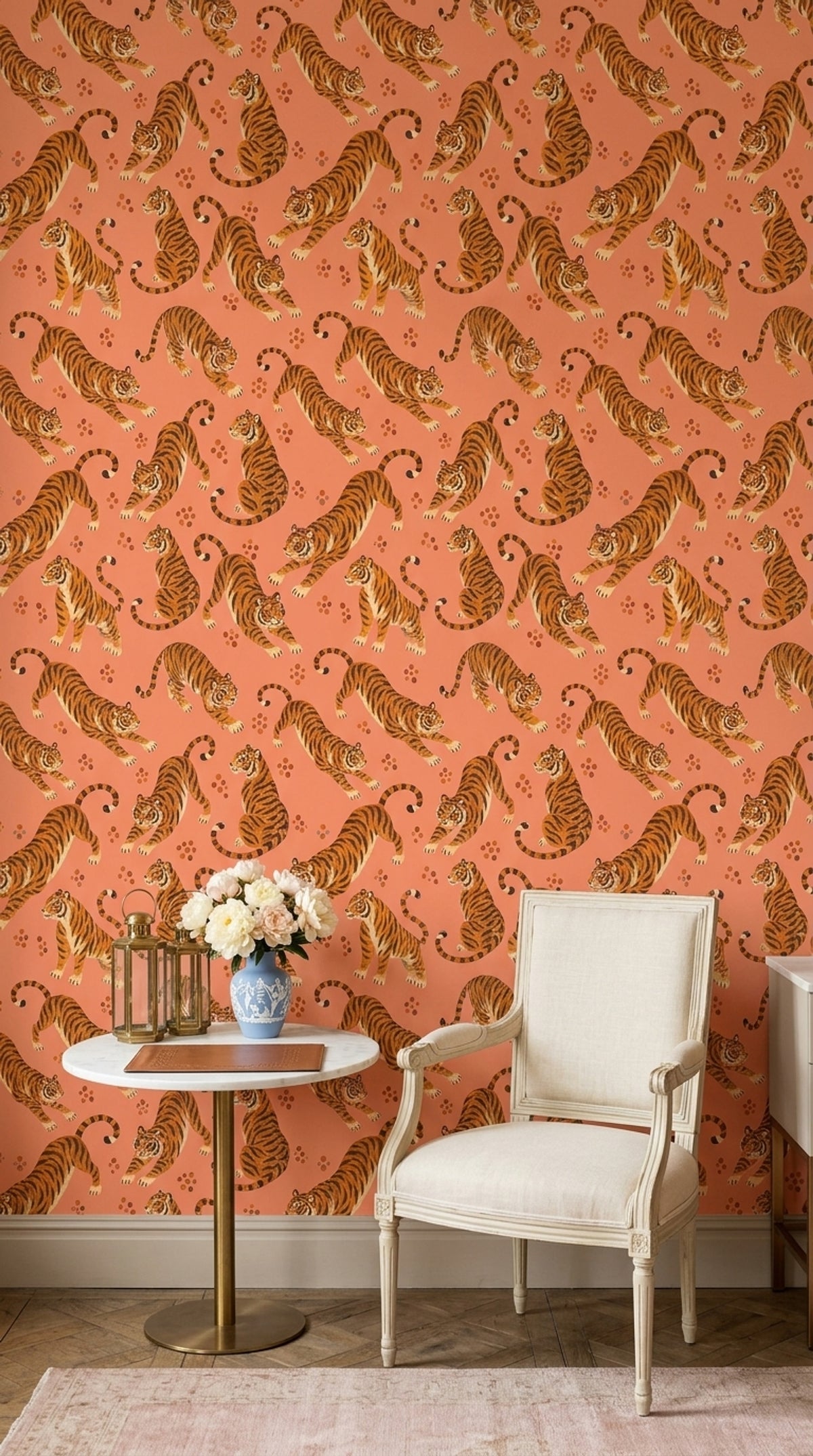 Tiger Wallpaper Illustrated Animal Print Coral Background