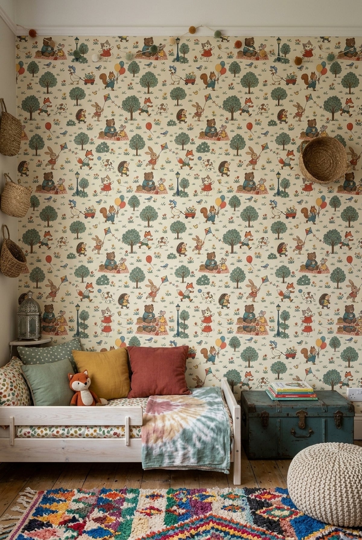 Woodland Animals Wallpaper Muted Green Park Scene