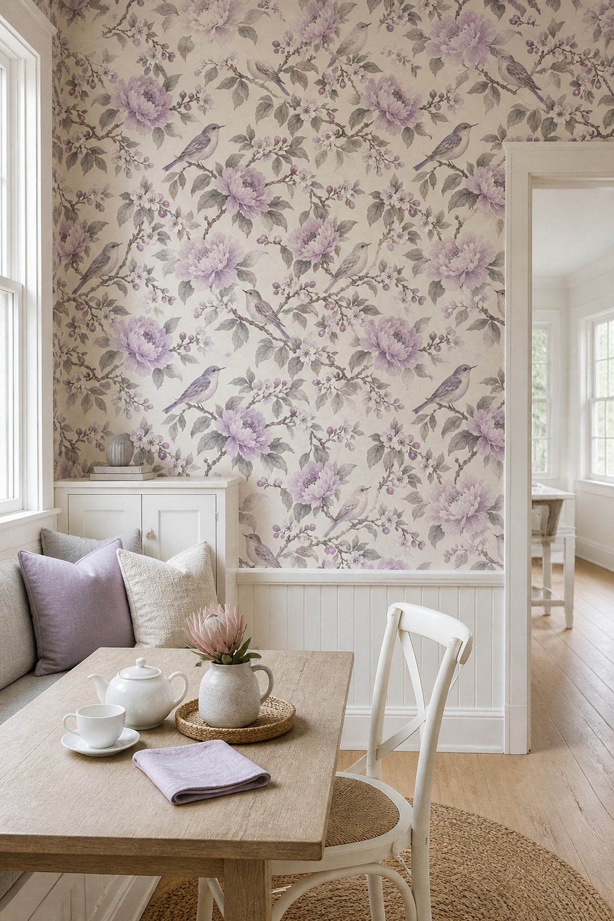 Peony And Bird Wallpaper Watercolor Chinoiserie On White Background