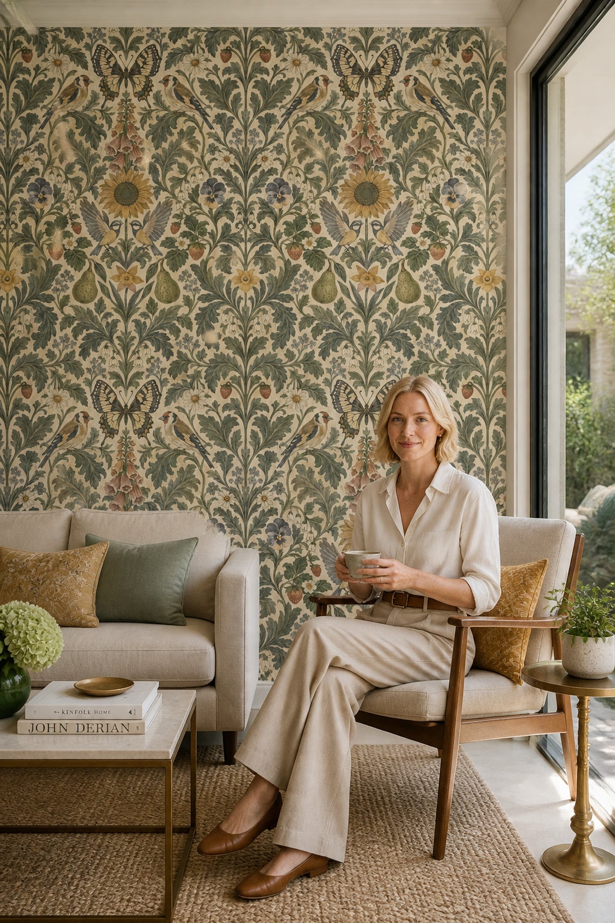 Birds And Butterfly Wallpaper Symmetrical Vintage Garden Sage Green