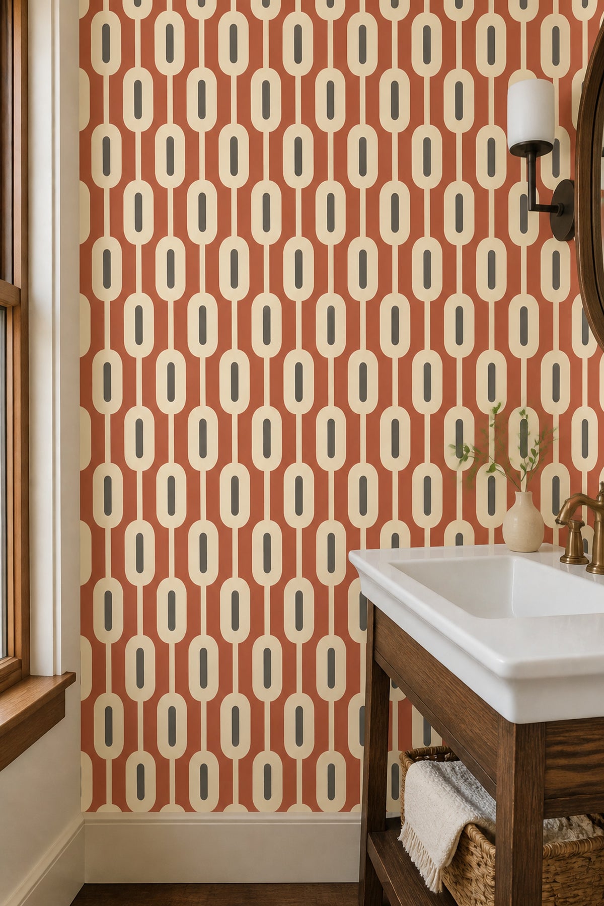 Chain Link Oval Wallpaper Terracotta Mid Century Modern Geometric