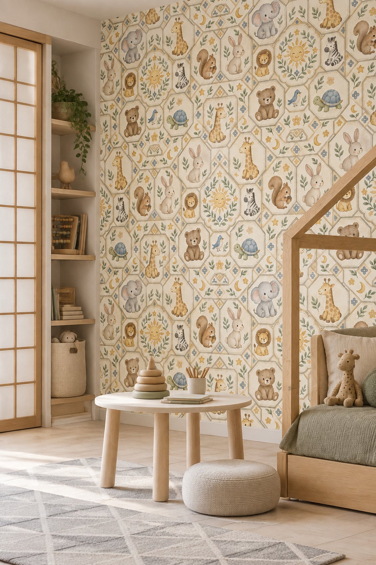 Nursery Animals Wallpaper Watercolor Geometric Tile On Cream Background