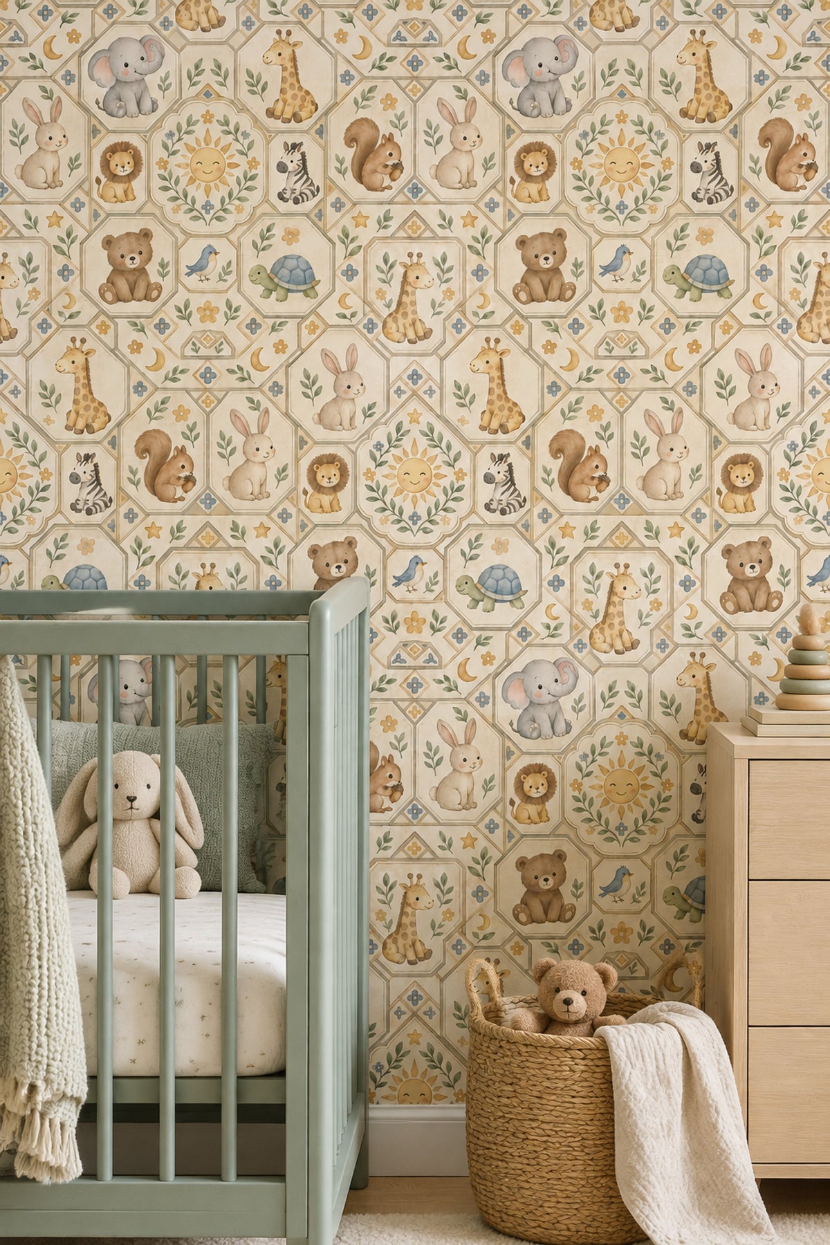 Nursery Animals Wallpaper Watercolor Geometric Tile On Cream Background