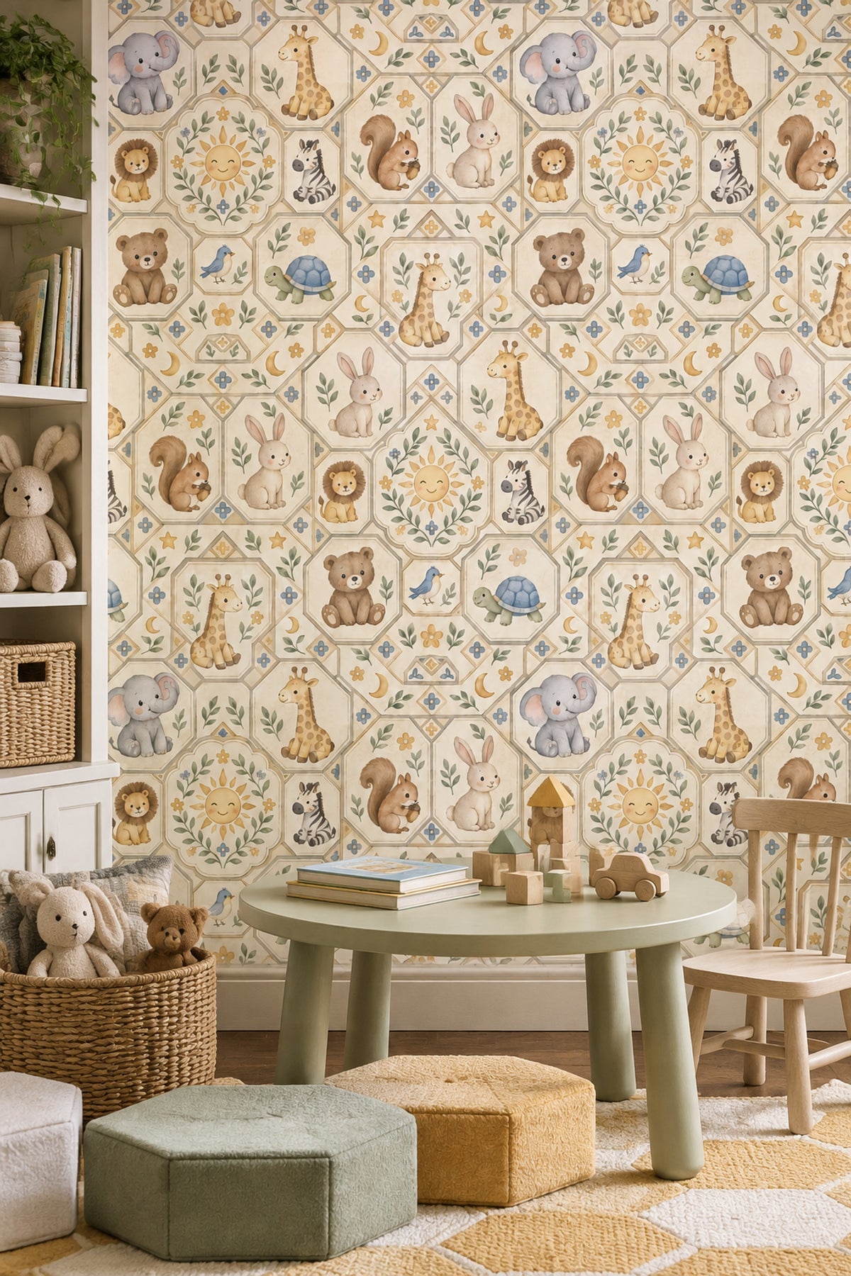 Nursery Animals Wallpaper Watercolor Geometric Tile On Cream Background