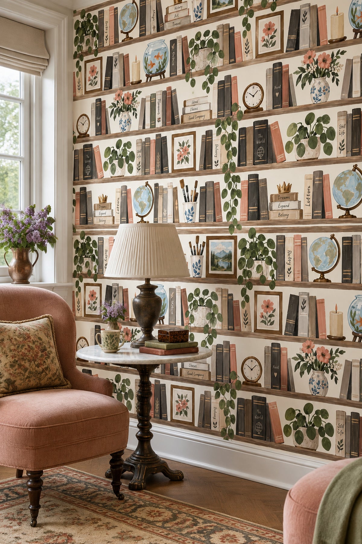 Bookshelf Wallpaper Watercolor Library Pattern Muted Green