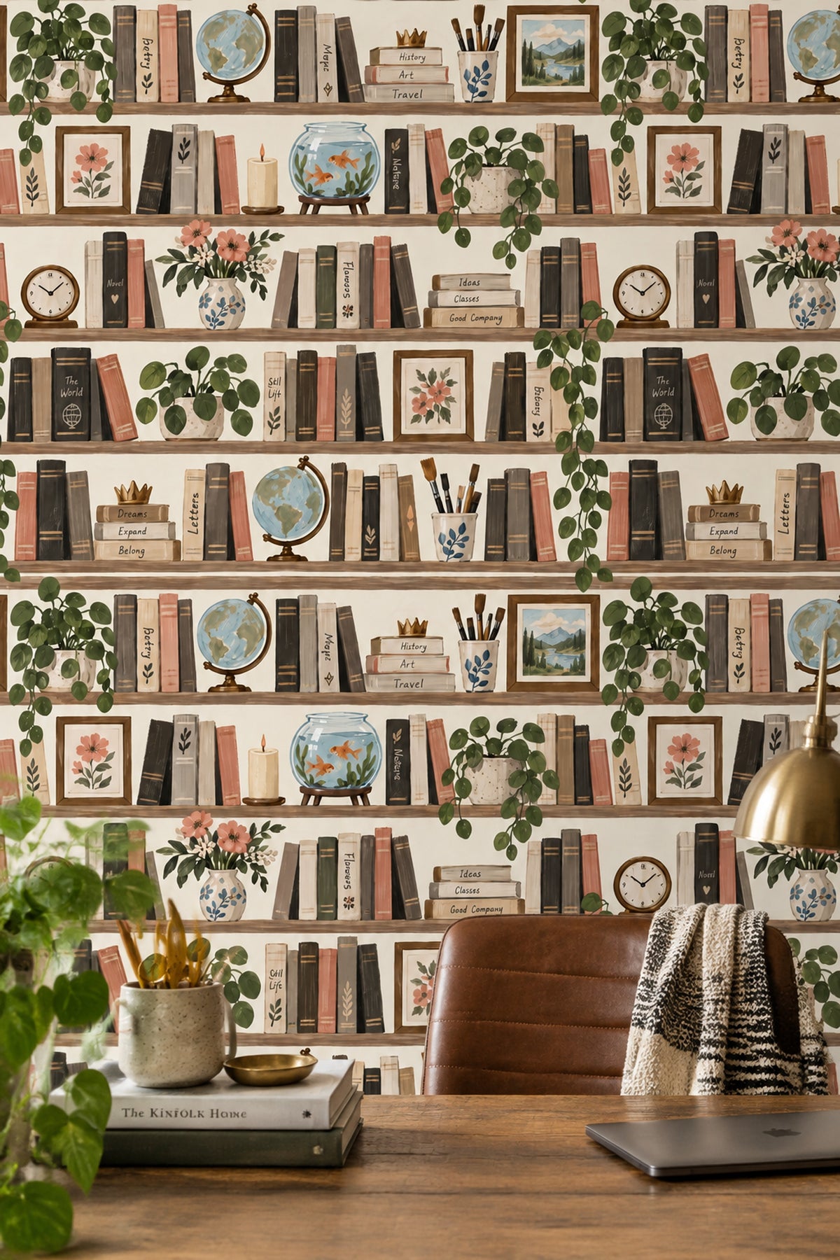 Bookshelf Wallpaper Watercolor Library Pattern Muted Green