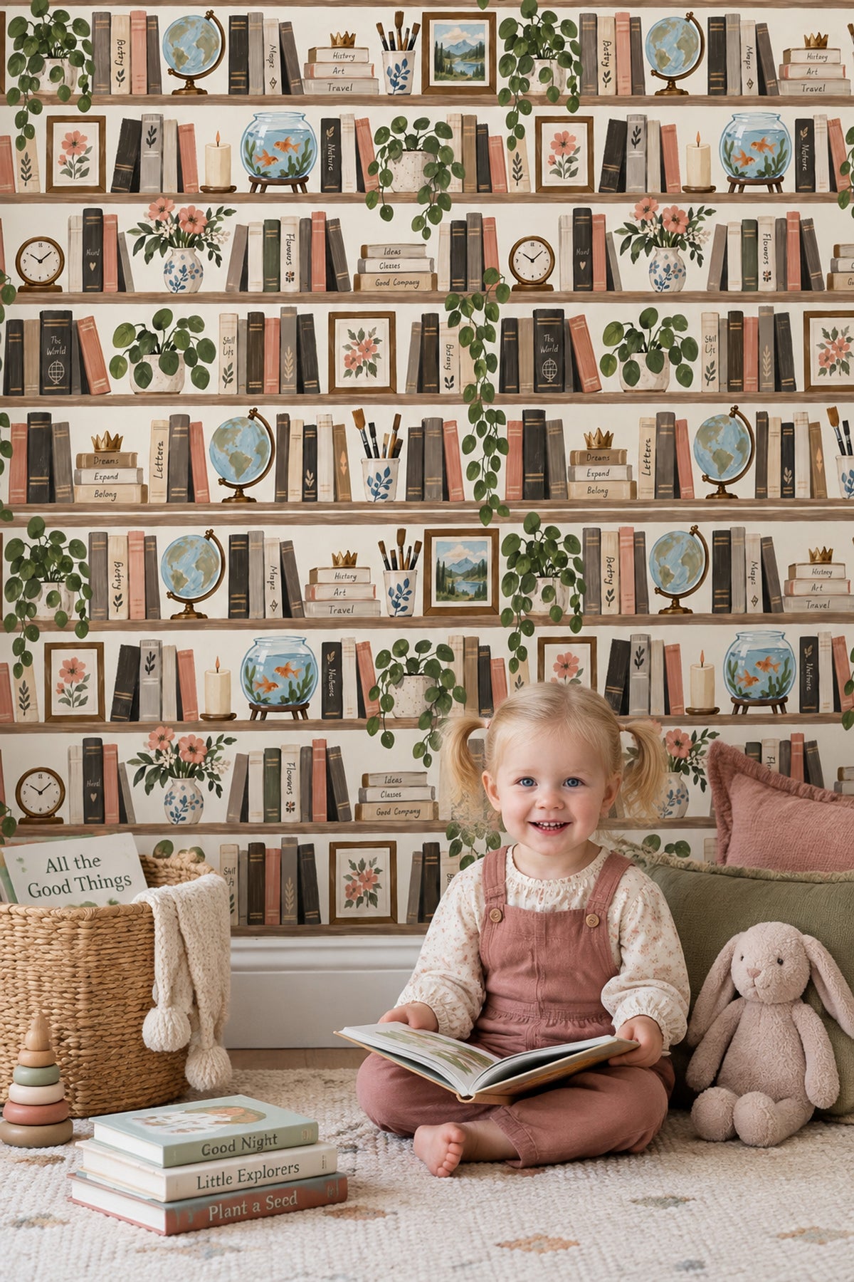Bookshelf Wallpaper Watercolor Library Pattern Muted Green