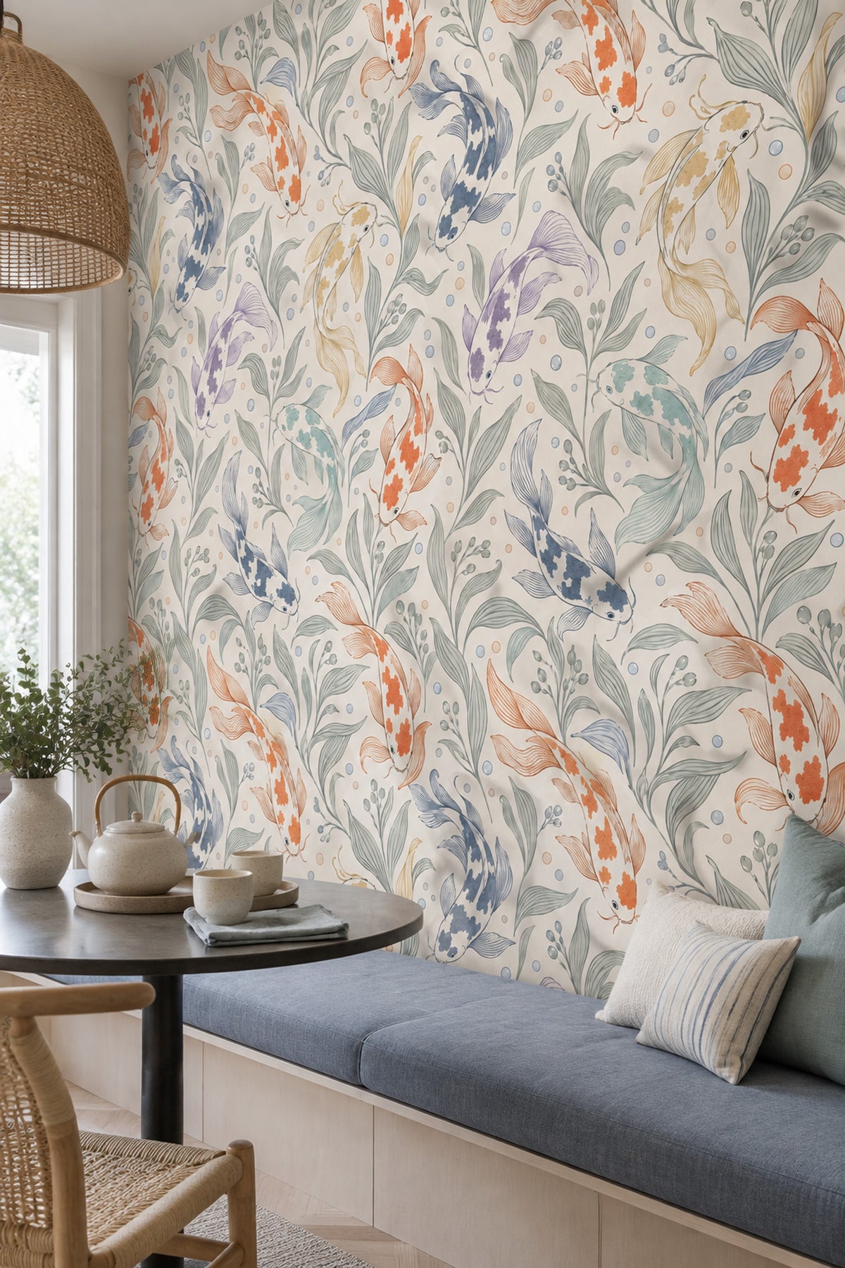 Koi Fish Wallpaper Aquatic Botanical On Ivory Background