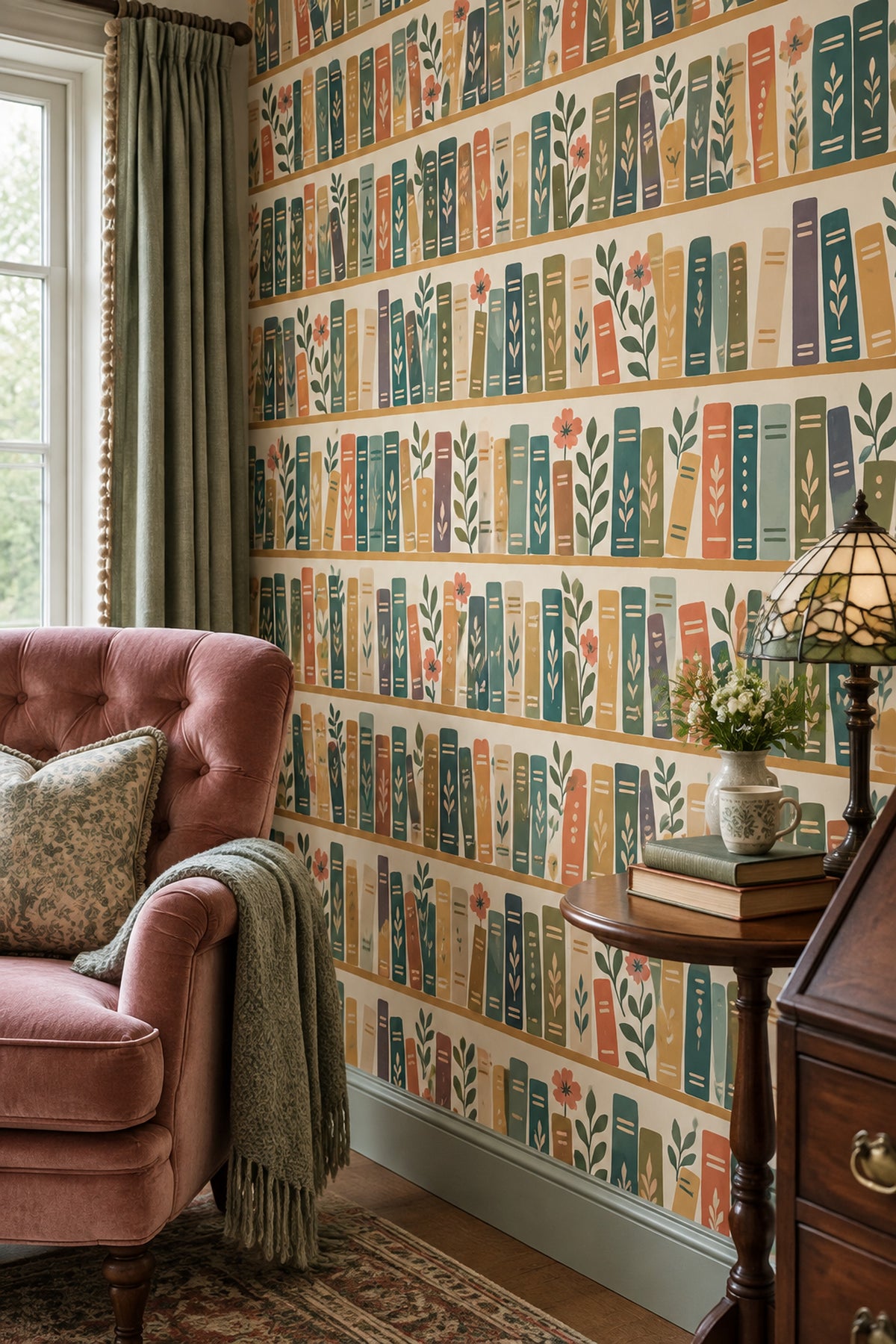 Bookshelf Wallpaper Whimsical Botanical Books On Cream Background