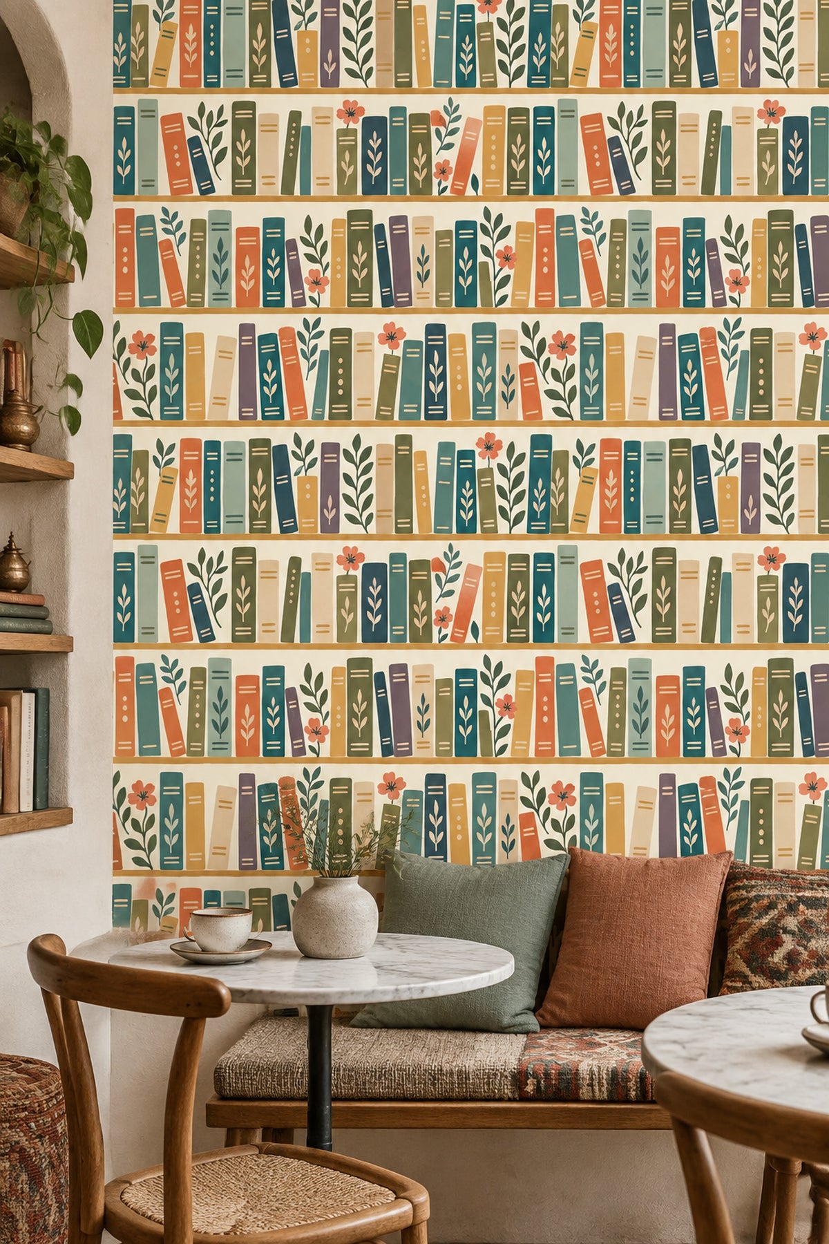 Bookshelf Wallpaper Whimsical Botanical Books On Cream Background