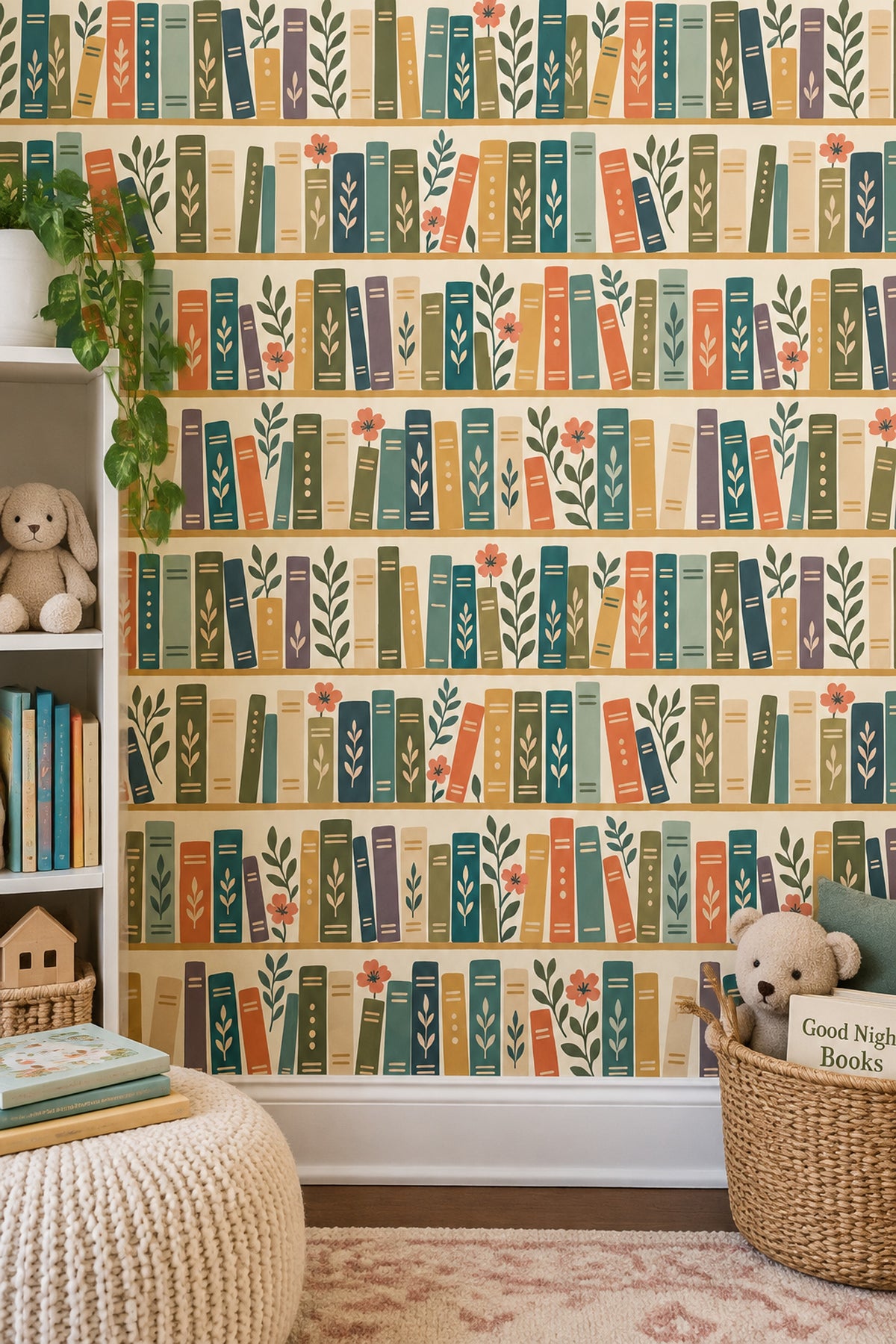 Bookshelf Wallpaper Whimsical Botanical Books On Cream Background