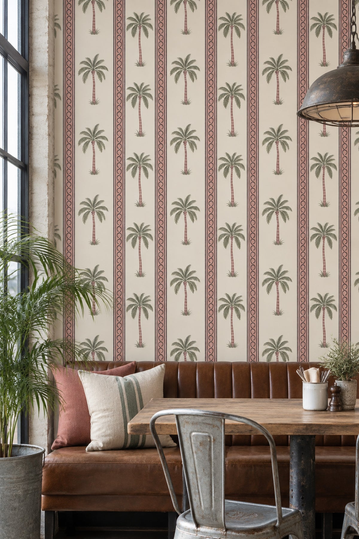 Palm Trees Wallpaper Striped Cream Background