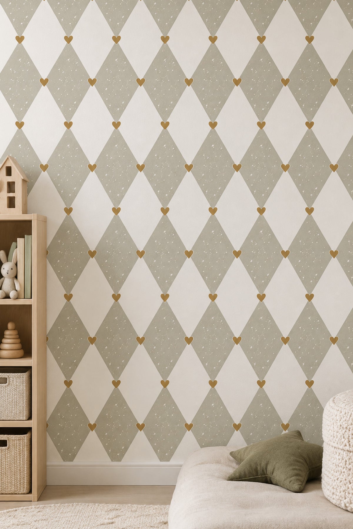 Heart Argyle Wallpaper Speckled Ivory Sage Gray And Gold
