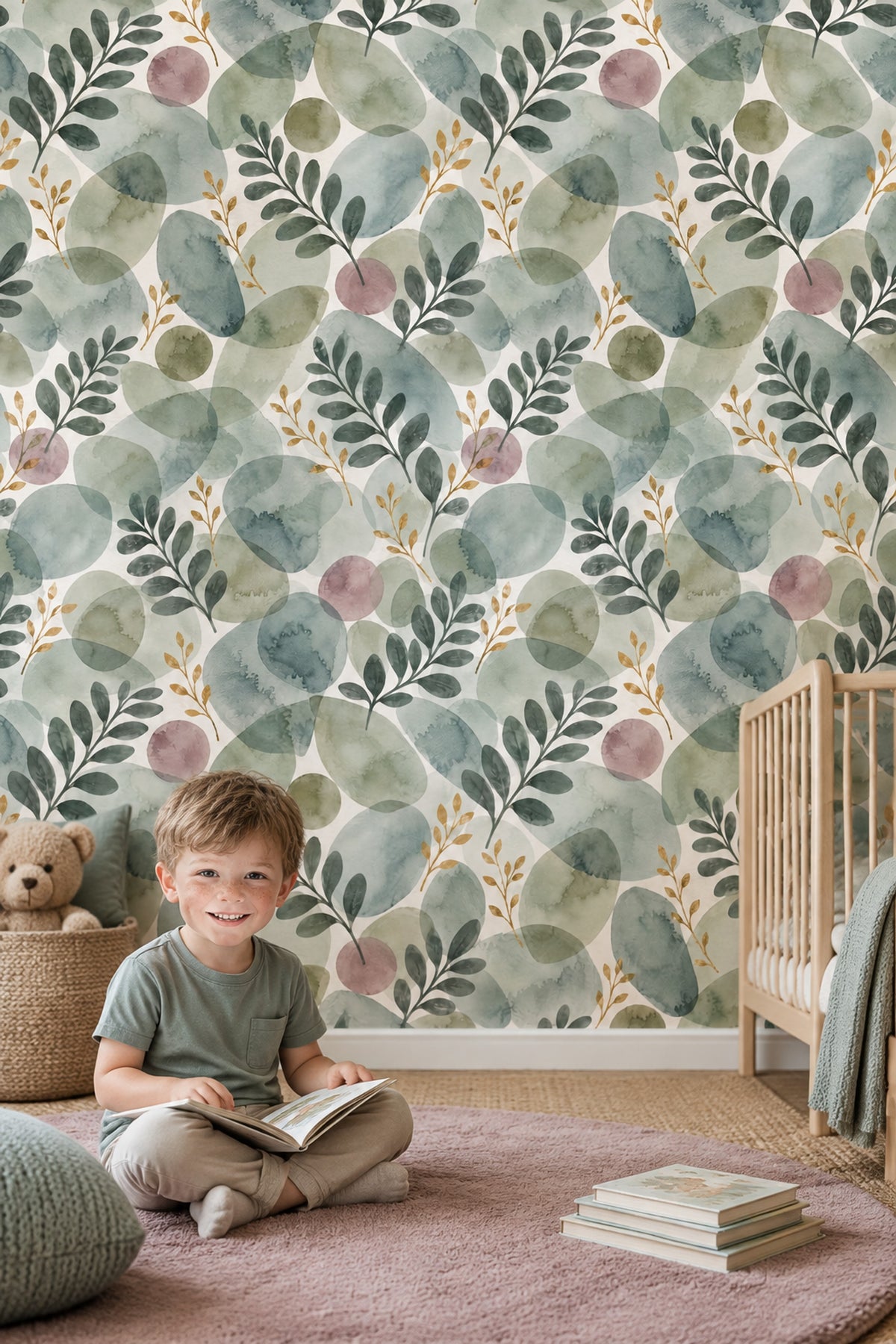 Watercolor Botanical Wallpaper Sage Green Leaves And Gold Branches