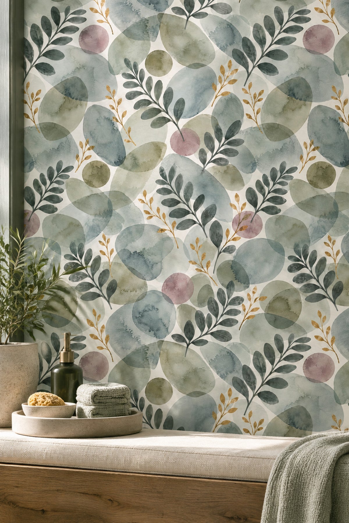 Watercolor Botanical Wallpaper Sage Green Leaves And Gold Branches