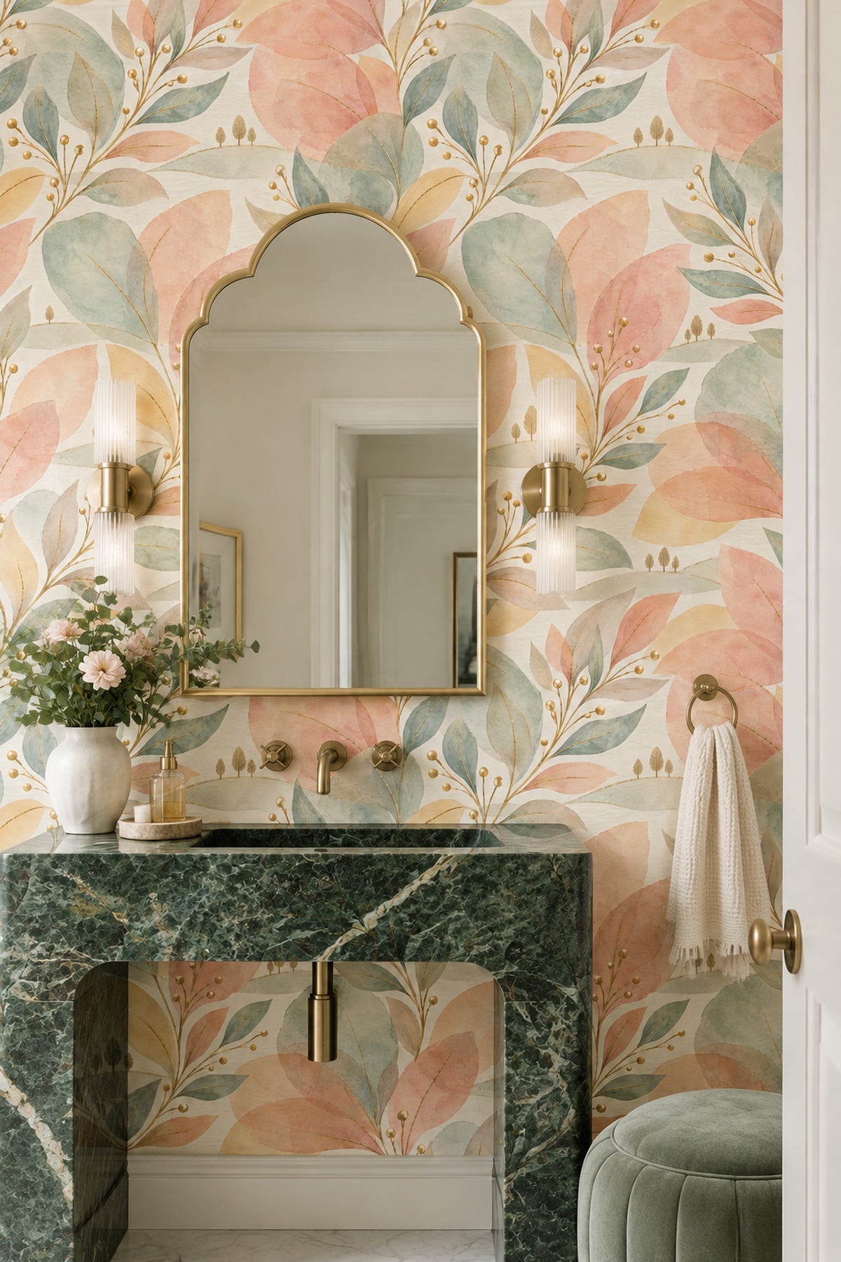 Watercolor Leaves Wallpaper Pastel Pink Sage Botanical