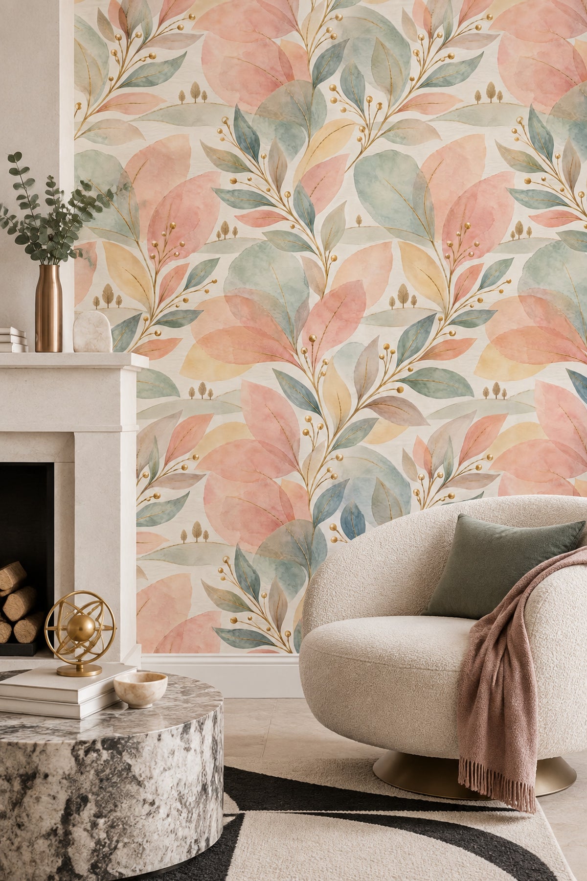 Watercolor Leaves Wallpaper Pastel Pink Sage Botanical