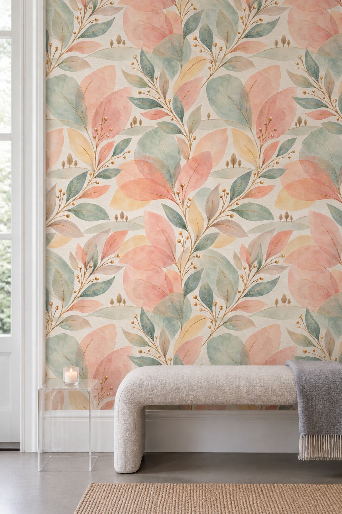 Watercolor Leaves Wallpaper Pastel Pink Sage Botanical
